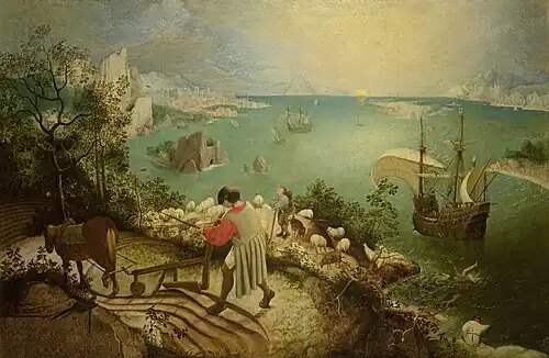 Landscape with the Fall of Icarus, by or after Bruegel, c. 1560