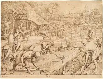 Spring, 1565, a drawing made to be engraved and suggestive of April–May. It was apparently never painted by Bruegel himself, but after his death came dozens of versions in paint by his son and others.