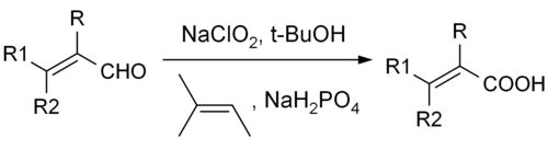 Generic alpha,beta-unsaturated aldehyde. Reagents include sodium chlorite, monosodium phosphate, and 2-methylbut-2-ene. Solvent is tert-butyl alcohol. Product drawn is alpha,beta-unsaturated carboxylic acid.