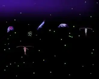 Six relatively large variously shaped organisms with dozens of small light-colored dots all against a dark background. Some of the organisms have antennae that are longer than their bodies.