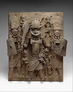 Benin plaque with warriors and attendants; 16th–17th century; brass; 47.6 cm (183⁄4 in.) height; Metropolitan Museum of Art. The Benin Bronzes led to a greater appreciation in Europe of African culture and art. Initially, it appeared incredible to the discoverers that people "supposedly so primitive and savage" were responsible for such highly developed objects[12]