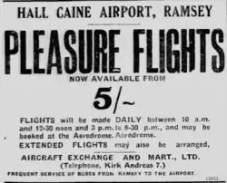 Printed advertisement offering pleasure flights from Hall Caine Airport