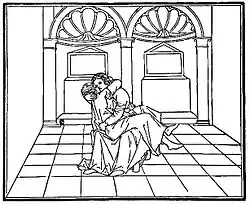 woodcut of Polia kissing Poliphilo back to life