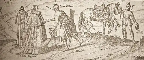 Late-16th-century etching of a Polish cavalryman, his horse, a Turkish captive and two Hungarian noblewomen