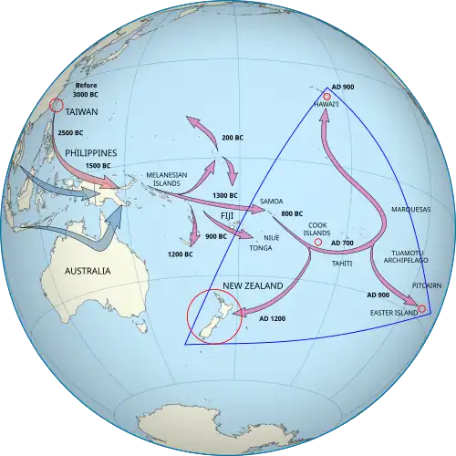 One set of arrows point from Taiwan to Melanesia to Fiji/Samoa and then to the Marquesas Islands. The population then spread, some going south to New Zealand and others going north to Hawai'i. A second set start in southern Asia and end in Melanesia.