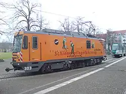 A rail maintenance vehicle at Platz der Einheit