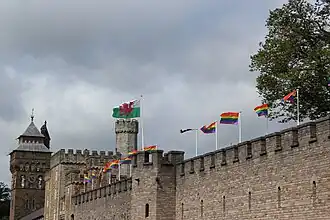 Castle building with LGBTQ+ flags