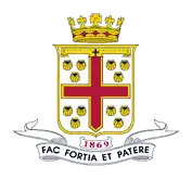 The College crest incorporates a cross and four groups of scallop shells. A scallop shell, associated with the apostle James, is a mark of pilgrimage or crusade. The coronet and the horizontal label at the top of the shield, with its two anchors, are found in the coat of arms of Prince Alfred, the second son of Queen Victoria. The date '1869' is the school's foundation year.