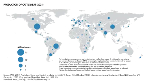 Production of beef worldwide, by country in 2021.