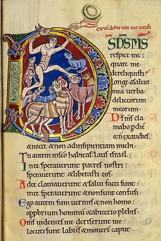 Psalm 22:1-8 in the St. Albans Psalter. The first words of the Psalm in the Latin Vulgate are "Deus, Deus meus," abbreviated here as DS DS MS.