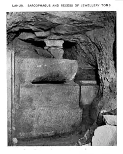 Photograph of a burial chamber and sarcophagus