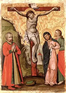 Icon of Crucifixion from Pyriatyn, c. 1699, depicting Lubny colonel Leontiy Svichka on the left
