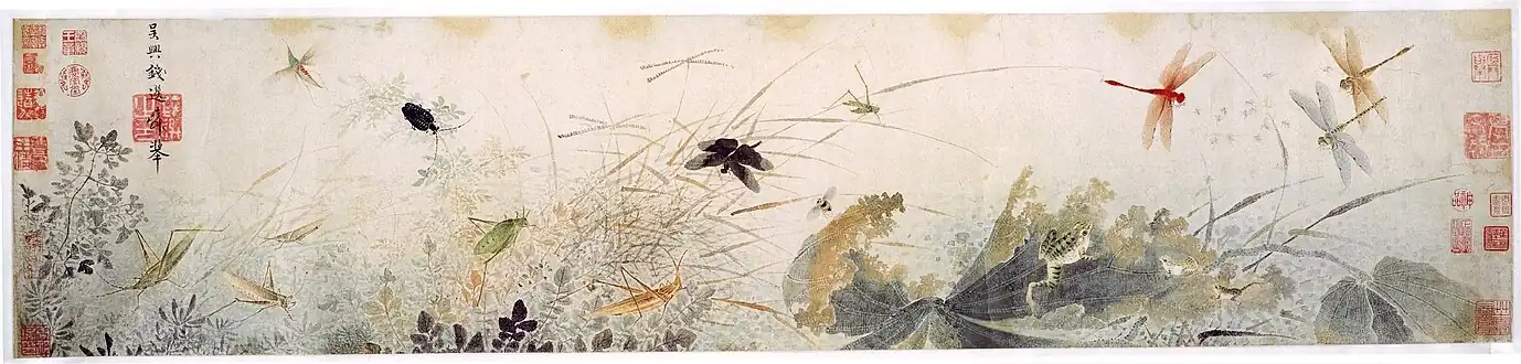 Early Autumn; by Qian Xuan; 13th century; ink and colors on paper scroll; 26.7 × 120.7 cm; Detroit Institute of Arts. The decaying lotus leaves and dragonflies hovering over stagnant water are probably a veiled criticism of Mongol rule[37]
