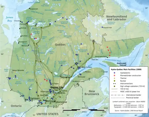 Map of Quebec showing the location of power stations and 450 kV and 735 kV power lines.