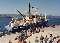 Start of a research voyage, leaving CSIRO Hobart wharf, late 1986