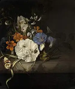Posy of flowers, with insects and butterflies, on a marble ledge, 1690s