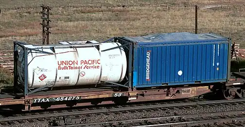 A spine car with a 20 ft tanktainer and an open-top 20 ft container with canvas cover.