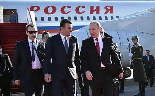 Rasulzoda with Vladimir Putin at the Airport in Tajikistan in 2017