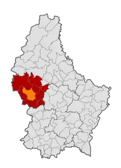 Map of Luxembourg with Redange highlighted in orange, and the canton in dark red