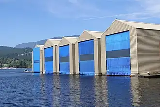 Large boathouses in Reed Point Marina, Canada