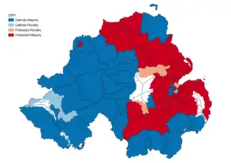 Religious Background in each Electoral Area 2001.[65] Protestants outnumbered Catholics in 46 out of the 80 Electoral Areas