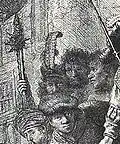 Christ before Pilate; detail showing self-portrait of Rembrandt in feathered bonnet