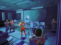 A young woman in a red and white racing suit is shooting at a pair of undead police officers, while two more enemies sneak up on her from behind. The office of the police station they are fighting in has sheets of paper scattered on the floor, and the whole scene features a bluish tint.