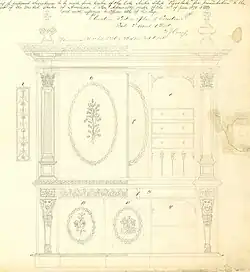 hand drafted front view of an ornate secretaire