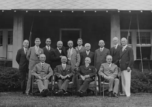 Nicholson is seated second from left in this 7 August 1928 photograph of retired U.S. Navy rear admirals and other retirees at Rear Admiral Spencer S. Wood's home in Jamestown, Rhode Island.