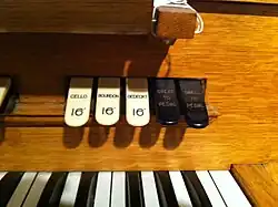 The pedal stops of a 1937 Robb Wave Organ.