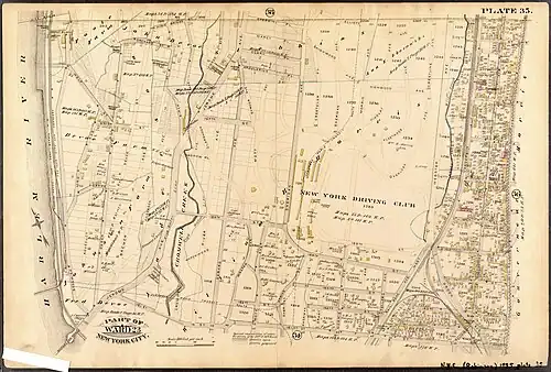 Sepia-toned historical map labeled "Part of Ward 23 New York City" Some areas show existing streets, buildings, and railroads. Other areas only show proposed future streets, with a largely open area labeled "New York Drivers Club".