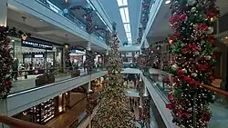 A hallway with Christmas ornaments