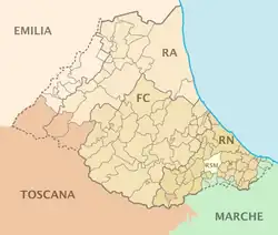 Map of the communes of Romagna as of 2021 (RA = province of Ravenna, FC = province of Forlì-Cesena, RN = province of Rimini, RSM = Republic of San Marino)