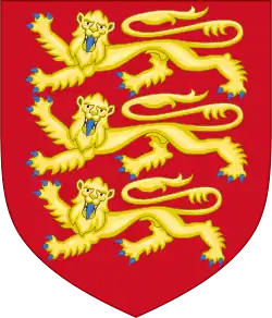 The royal arms of England: on a red shield three pale golden lions passant guardant with blue claws and tongues, each on its own row.