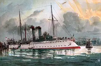 A watercolor illustration of a large ship docked at harbor