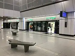 Platform level of the station showing the bench designed by Chan Lee Kang which was selected during a bench design competition.