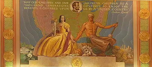 Image 9A mural by Chicago artist Louis Grell in the Springfield Amtrak station. The mural depicts a quote by Abraham Lincoln, a map of the post-1947 Gulf, Mobile and Ohio Railroad, and the seals of the seven states that the railroad served. Image credit: Louis Grell (painter), RI-Bill (photographer) (from Portal:Illinois/Selected picture)