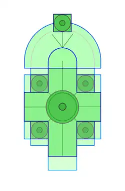 Plan of the church, with campanile at north end, and four smaller cupolas around central dome