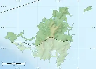 Map of Saint Martin pointing out the lagoon with a red marker