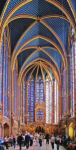 Sainte Chapelle interior showing painted stonework vaulting and stained glass
