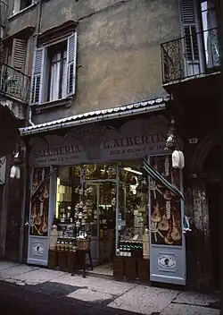 The store front of a salumeria in Verona, Italy