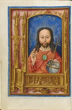Unknown artist, miniature from a Flemish book of hours (Bruges), Salve Sancta Facies, Christ as Salvator Mundi (c. 1510) Fitzwilliam Museum, Cambridge (Ms 15677, fol. 13v).[152][153]