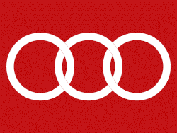 Three interlocked identical white rings on a solid red background