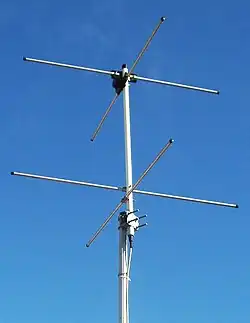 Two-element turnstile antenna for reception of weather satellite data (has circular polarization) at 137 MHz