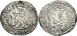 Pfahlschildgroschen Frederick II the Meek with Landgrave Frederick the Peaceful of Thuringia and his brother Sigismund, Freiberg Mint, 1431–1436