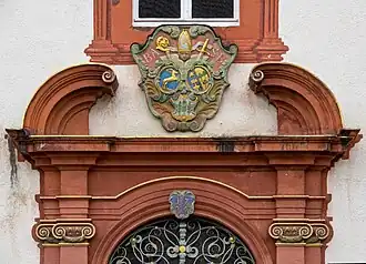 The arms of Blasius III Bender with those of the abbey on the gatehouse at German: de:Schloss Bonndorf