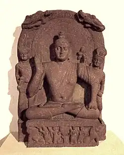 Seated Bodhisattva, inscribed "Year 32" of Kanishka (159 CE), Mathura.[33][34]