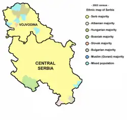 Serbs in Serbia as per 2002 census data for Central Serbia and Vojvodina, and 1991 census data for Kosovo