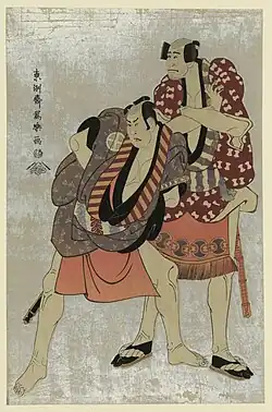 Shiro-kirazuri, or mica ink printed on white background. A scene from a kabuki play