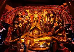 Tang dynasty (896 CE) carved stone statue of Qianshou Guanyin in Shengshui Temple (內江聖水寺) in Neijiang, Sichuan, China